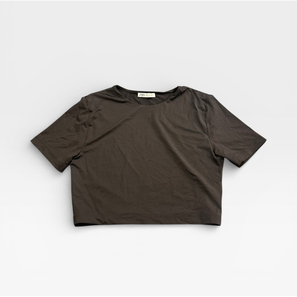 Zara Polyamide Black Cropped Short Sleeve T Shirt Large